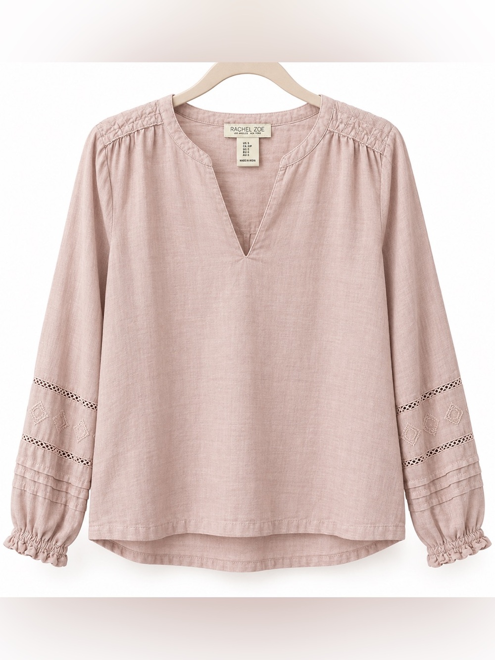 Rachel Zoe Blush Pink Split-Neck Tunic with Lace Trim Sleeves